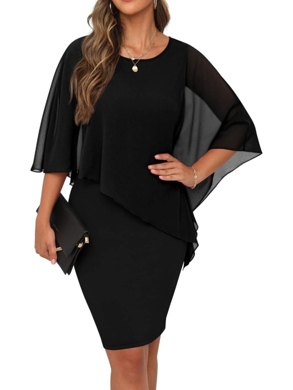 Women's Summer Casual Loose Black2 Knee Length Chiffon Flowy Elegant Dress